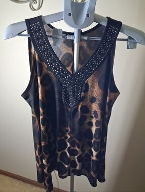 Black Studded Leopard-Print V-Neck Top